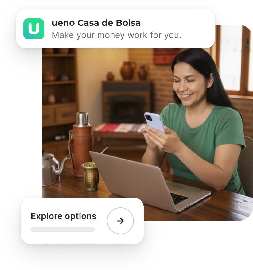 Person reviewing investments on a mobile app with Ueno Casa de Bolsa