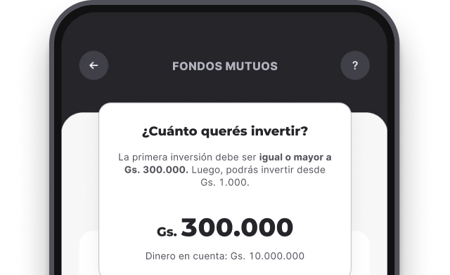 Pantalla de aplicación mostrando monto mínimo para invertir en fondos mutuos