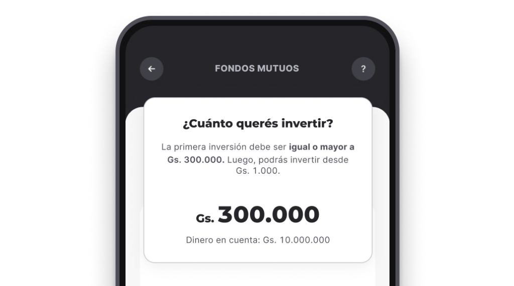 Pantalla de aplicación mostrando monto mínimo para invertir en fondos mutuos